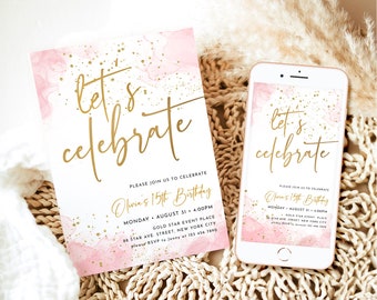 Blush Pink Let&#39;s Celebrate Invitation Template Editable Surprise Birthday Party Invite Printable Baby Shower Party Any Age Gold Glittery J62