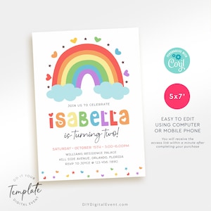 Editable Rainbow Birthday Invitation Template. Printable Rainbow Birthday Invite. Heart Rainbow Star Birthday Party. Colorful Birthday. Instant Download. Edit and Download using Corjl