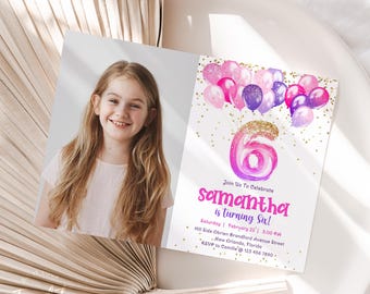 Editable 6th Birthday Invitation Template Glittery Purple Pink Balloons Birthday Invite with Photo Printable Number 6 Birthday Invite J36
