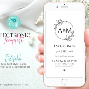 May include: A digital save the date card with a black and white floral design and the initials "A&M". The text reads "Save the Date, Jan 18, 2025, for the wedding celebration, Amanda & Martin, The Star Hotel, Florida, formal invitation to follow."