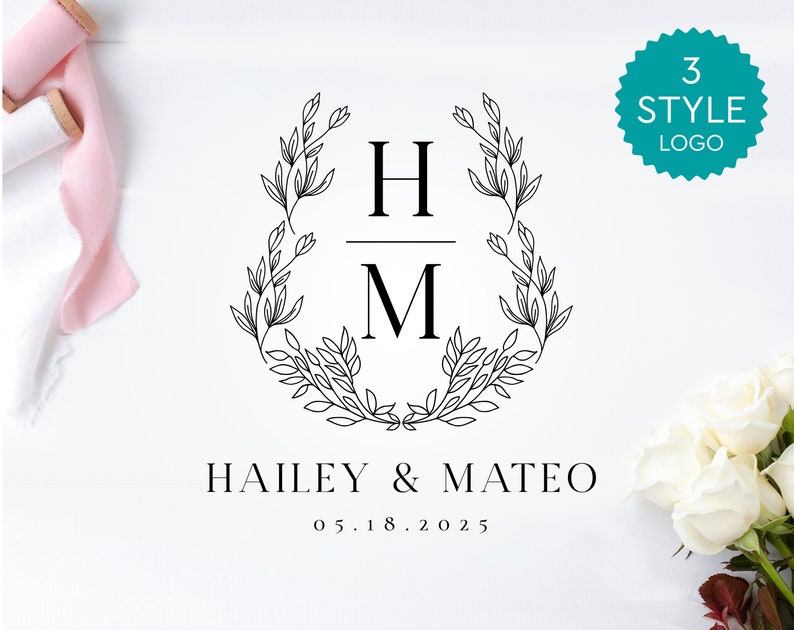 Monogram Wedding Logo, Simple Floral Wedding Logo, Custom Logo ...