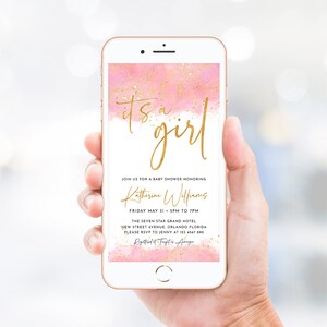 Elektronische It's a Girl sjabloon baby showeruitnodiging bewerkbare minimalistische roze gouden babyshoweruitnodiging gepersonaliseerde Oh Baby Shower Card J49