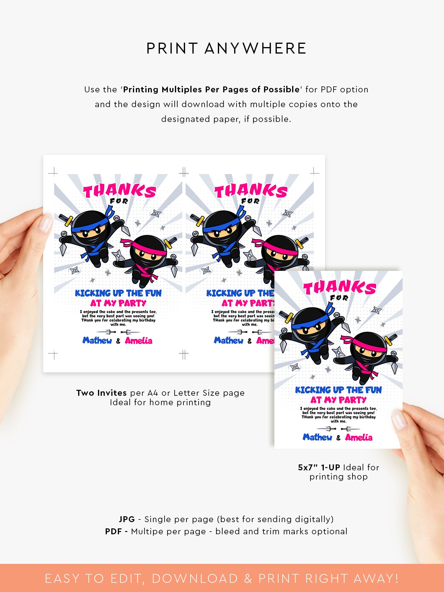 Ninja Birthday Thank You Card Template Printable Ninja With Photo ...