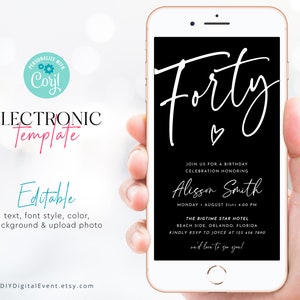Electronic 40th Birthday Invitation Template, Minimalist Birthday Invitation Editable, Forty Birthday Invitation, 40th Birthday Party Invite