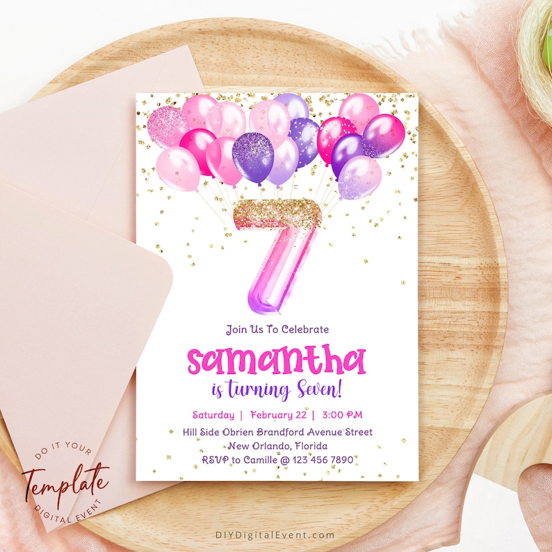 Purple Pink Glittery Balloons 7th Birthday Invitation Template. Printable and Electronic Invite.