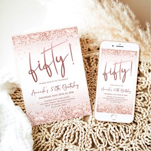 Mädchen-Geburtstagseinladung Druckbare 50. Geburtstagsparty einladen Bearbeitbare Vorlage Rose Gold Glitzernde Konfetti Fifty Birthday Card Evite J58