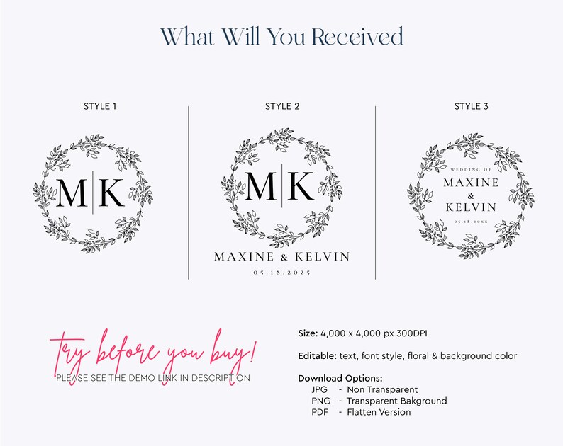 Wedding Monogram Logo | Elegant Floral Initial Design | Custom Bride ...