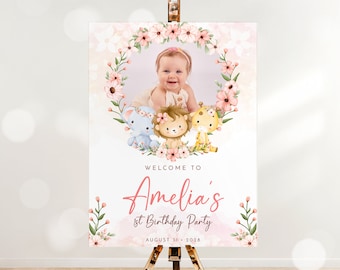 Pink Girl Safari Animals Welcome Sign Template Editable Safari Birthday Sign Jungle Printable Signs with Photo Wild One Party Decor J33