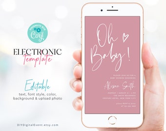 Electronic Baby Shower Invitation Template, Minimalist Baby Shower Template, Oh Baby Shower Invitation, Editable Baby Shower Template, BBS5