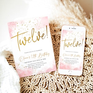 Meisje verjaardagsuitnodiging afdrukbare 12e verjaardagsfeestje uitnodigen bewerkbare sjabloon Blush roze gouden glittery confetti twaalf verjaardagskaart J62