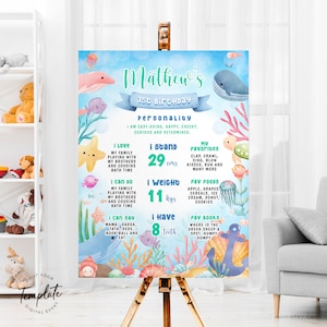 Bewerkbare onder de zee mijlpaal verjaardag poster sjabloon afdrukbare oceaan dieren teken verjaardagsfeestje eerste jaar mijlpaal teken decor J14