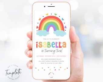 Electronic Rainbow Birthday Invitation Template Girl Rainbow Birthday Party Evite Heart Rainbow Star Birthday Invite Colorful Birthday J24