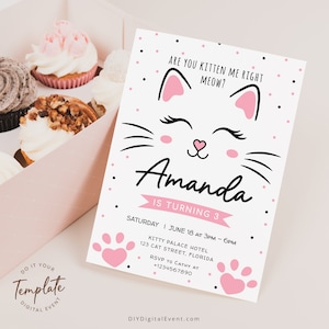 Modèle d'Invitation d'anniversaire chaton chaton modifiable fête d'anniversaire chat imprimable fête inviter chat rose visage thème téléchargement immédiat J41