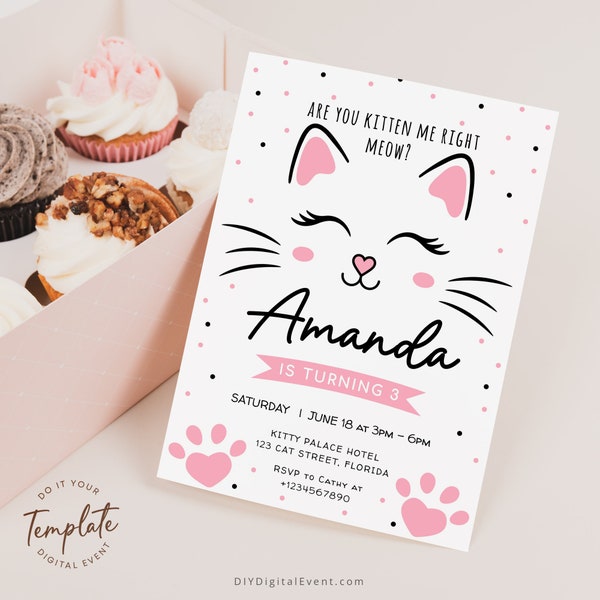 Kitty Cat verjaardagsuitnodiging sjabloon bewerkbare Kitten verjaardagsfeestje afdrukbare Cat Party uitnodiging roze kat gezicht thema Instant Download J41