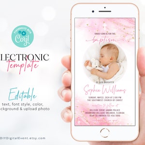 Electronic Baptism Invitation Template, Pink Christening Invitation Template, Editable Baptism Evite, Sweet Pink Baptism Photo Invitation
