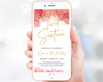 Electronic Sweet Sixteen Birthday Invitation Template Editable 16th Birthday Party Red Gold Birthday Invites 30th 40th 50th 60th Any Age J48
