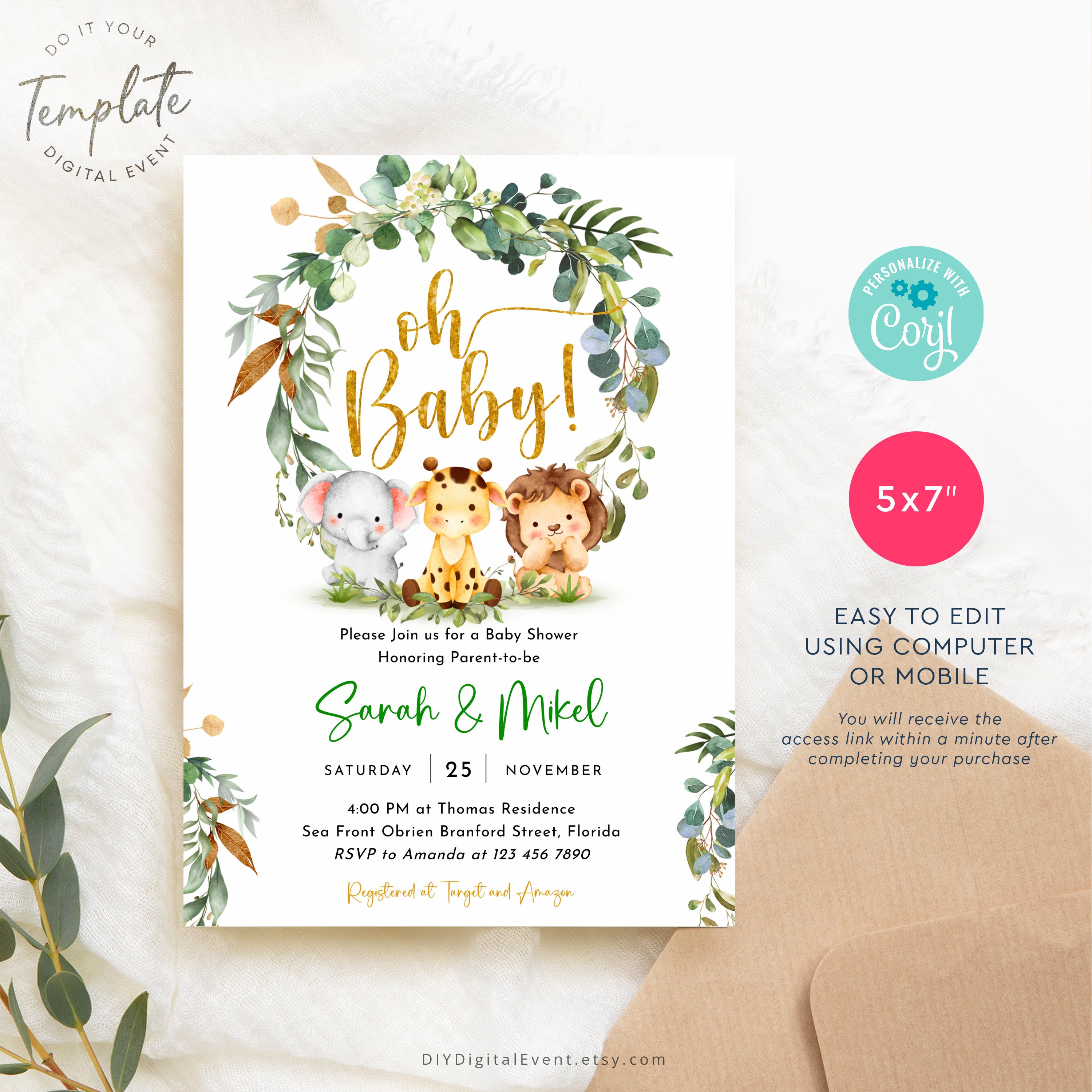 Safari Animal Baby Shower Invitation Animal Baby Shower Etsy UK