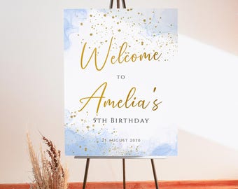 Blue Welcome Sign Template Editable Gold Glittery Birthday Welcome Sign Party Easel Sign Printable It's Party Time Poster Decor J65