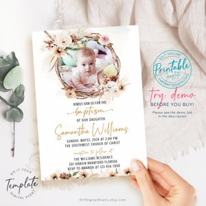 Editable Baptism Invitation Template, Boho Christening Invitation Template, Editable Baptism Invite, Boho Baptism Photo Invite Bohemian BT2