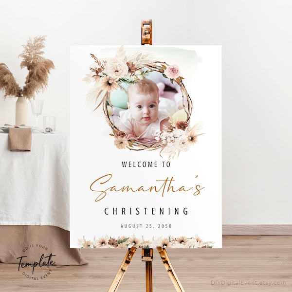 Boho Welcome Sign Template Printable Christening Welcome Sign with Photo Editable Baptism Welcome Sign Poster Welcome to Christian World BT2
