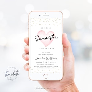 Electronic Baby Shower Invitation Template Editable Pink Heart Baby Shower Invite Minimalist Oh Baby Girl Baby Party Sweet Heart J37