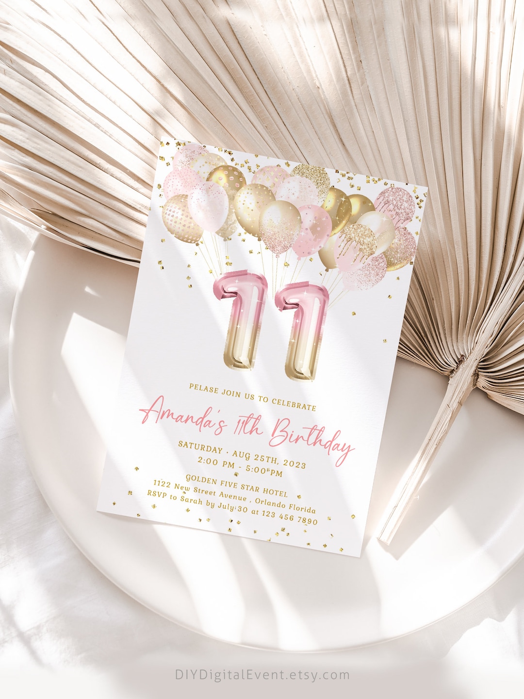Editable 11th Birthday Invitation Template Gold Pink Glittery Balloons ...