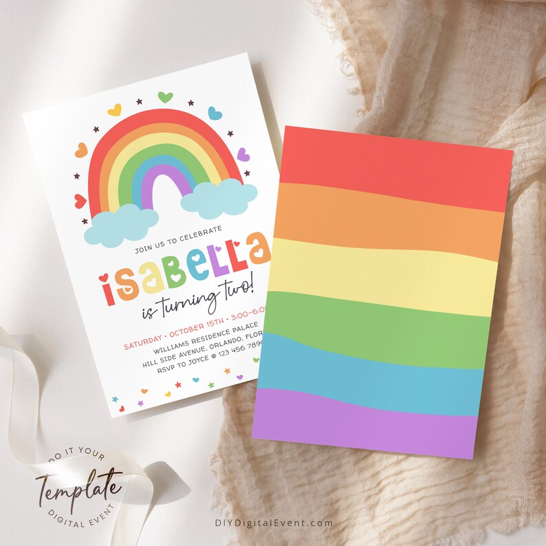 Editable Rainbow Birthday Invitation Template. Printable Rainbow Birthday Invite. Heart Rainbow Star Birthday Party. Colorful Birthday. Instant Download. Edit and Download using Corjl