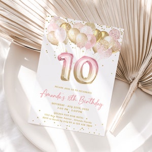 Modèle d'invitation modifiable pour 10 ans, ballons scintillants roses et or, invitation pour 10e anniversaire, numéro 10 pour fête d'anniversaire fille J36