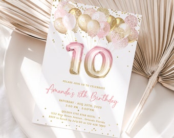 May include: Pink and gold birthday invitation with a large pink number 10 and balloons. The text reads "Please join us to celebrate Amanda's 10th Birthday. Saturday, Aug 25th, 2023, 2:00 PM - 5:00 PM, Golden Five Star Hotel, 1122 New Street Avenue, Orlando Florida. RSVP to Sarah by July 30 at 123 456 7890."