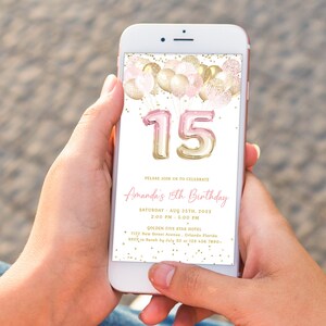 15th Birthday Invitation | Pink & Gold Glitter Balloon Evite | Editable Golden Birthday Party | Girl Party | Printable Digital Download J36 image 9