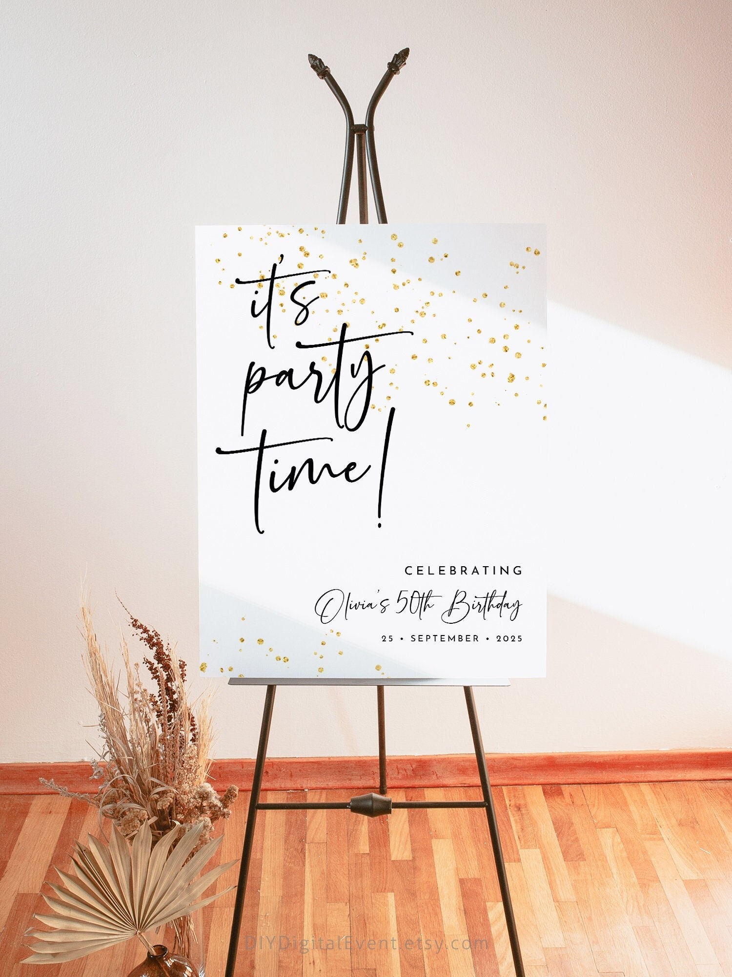 Minimalist Welcome Sign Template Editable Gold Glittery Birthday Welcome Sign Party Easel Sign Printable It's Party Time Poster Decor J47