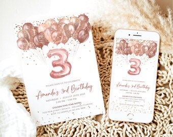 Editable 3rd Birthday Invitation Template Rose Gold Glittery Balloons Birthday Invite Girl Third Birthday Party Digital Invite Card J63