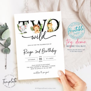 Safari Animals Birthday Invitation Template, Printable Second Birthday Invite, Two Wild Birthday Invite Editable 2nd Birthday Invitation SA1