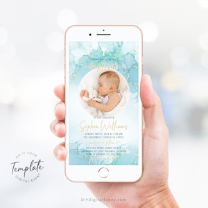 Editable Baptism Invitation Template Aqua Gold Christening Invitation Electronic Baptism Evite Printable Baptism with Photo Watercolor J16