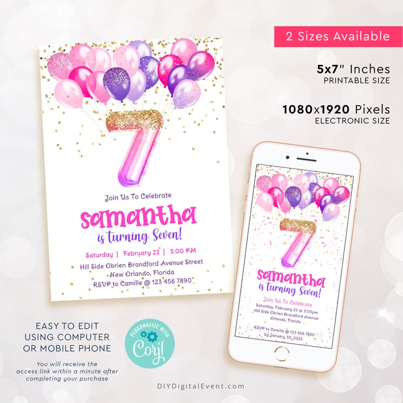 Purple Pink Glittery Balloons 7th Birthday Invitation Template. Printable and Electronic Invite.