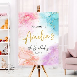 Plantilla de letrero de bienvenida de cumpleaños colorido editable Letrero de caballete de cumpleaños colorido pastel Imprimible Póster de decoración de fiesta de cumpleaños con acuarela J1