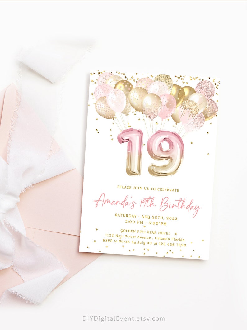 Editable 19th Birthday Invitation Template Gold Pink Glittery Balloons ...