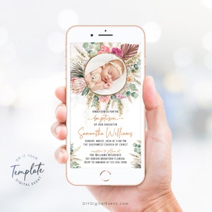Modello di invito elettronico per battesimo Invito per battesimo Boho Invito per battesimo modificabile Invito fotografico per battesimo Boho Boho Floral Boho J34