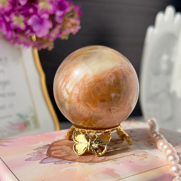 Flashy Peach Moonstone Sphere with Madagascar Sunstone and Golden Healer | Peachy Moonstone | Polished Moonstone Crystal Sphere