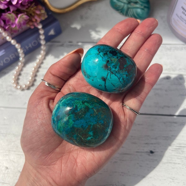 High Quality XL Chrysocolla Palm Stone from Peru | Beautiful Blue Chrysocolla | Throat and Heart Chakra Stone | Choose Your Own