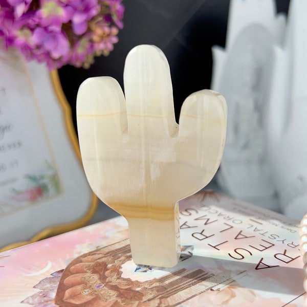 Onyx Hand Carved Crystal Cactus from Mexico | Natural Banded Calcite | Home Decor Crystal | Cute Crystal Carvings | Southwestern Decor