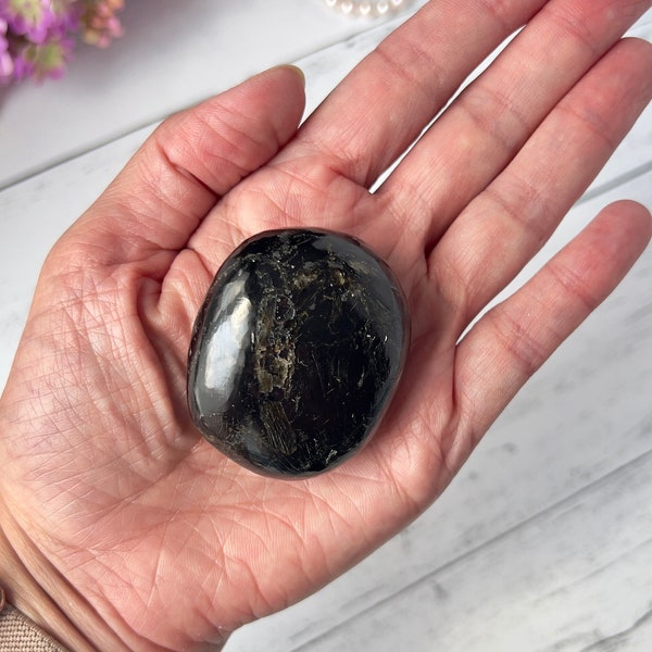 Rare Black and Gold Mica Palm Stone | Black Mica with Gold Flash Polished Pocket Stone | Root and Solar Plexus Chakra Crystal