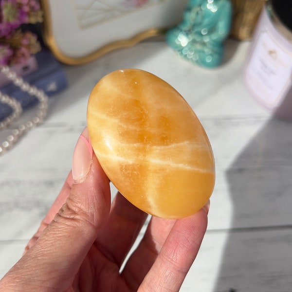 Orange Calcite Palmstone from Mexico | Orange Sherbert Calcite Palm Stone | Meditation Crystal | Sacral and Solar Plexus Chakra Stone