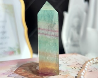 Pretty Rainbow Candy Fluorite Small Crystal Tower Point | Pastel Fluorite Mini Tower | Rainbow Fluorite