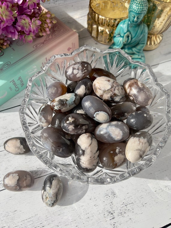 Rare All Natural Black Flower Agate Tumbled Stone From Madagascar Large,  High Quality Cherry Blossom Flower Agate Tumble Pocket Crystals 