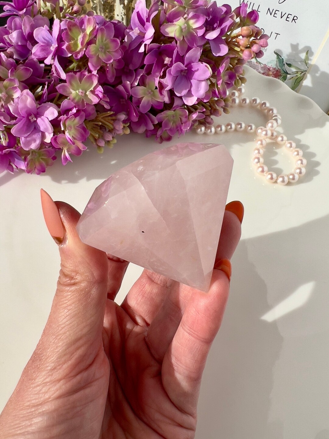 Rose Quartz Crystal Diamond Carving Diamond Shaped Crystal Etsy