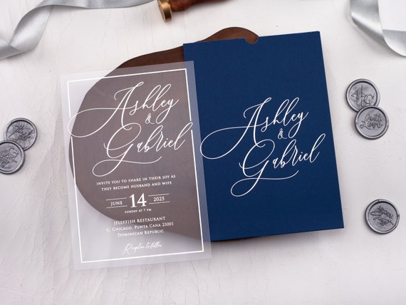 Navy Blue Silver Acrylic Wedding Invitation, Silver Foil Laser Cut