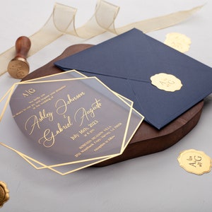 Navy Blue & Gold Acrylic Wedding Invitation, featuring Gold Foil Print on Navy Blue Card