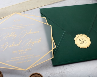 Emerald Green Acrylic Wedding Invitation, Gold Foil, Envelope