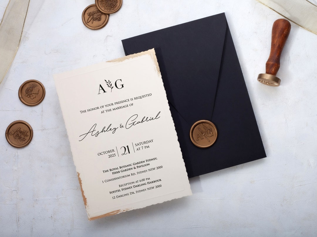 Black Gold Wedding Invitations With Deckled Edge | Luxury Black ...